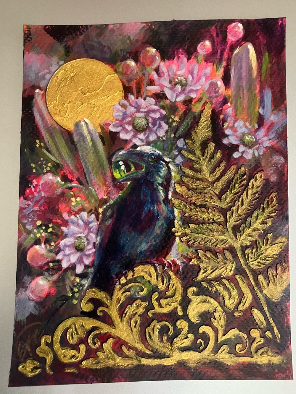 Original raven crow garden painting floral nature art surreal fantasy artwork